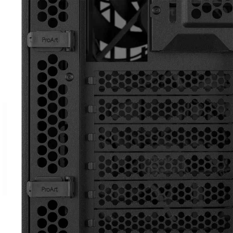 PC korpuss ASUS ProArt PA401 Wood TG PWM Tower Melns — ATX, rūdīts stikls, 2x160 mm priekšējie ventilatori, USB-C, atbalsta GPU līdz 31,5 cm