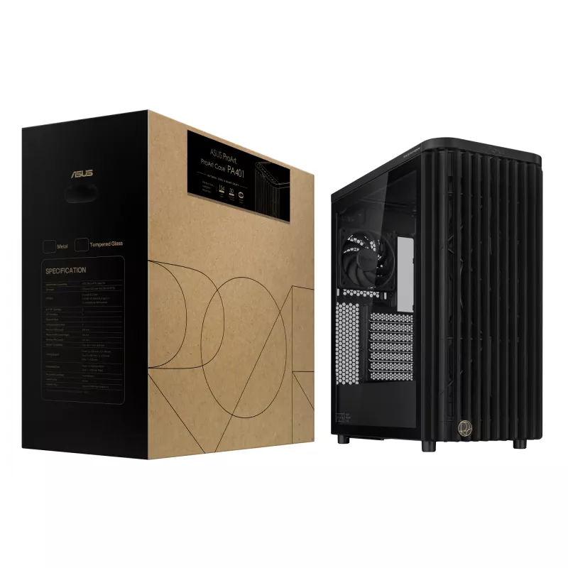 PC korpuss ASUS ProArt PA401 Wood TG PWM Tower Melns — ATX, rūdīts stikls, 2x160 mm priekšējie ventilatori, USB-C, atbalsta GPU līdz 31,5 cm