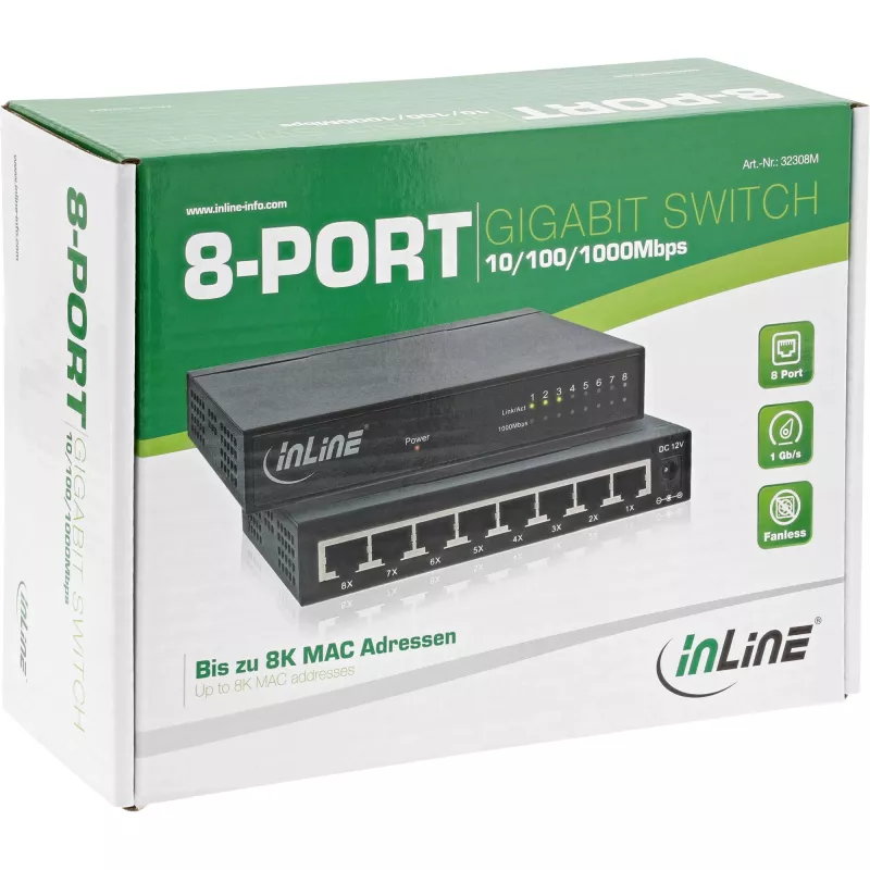 InLine tīkla slēdzis, 8 portu, 1 Gb/s, galda, metāla, bez ventilatora, ekranēti porti
