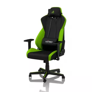 Spēļu krēsls Nitro Concepts S300 — auduma sēdeklis, regulējams augstums 128–140 cm, atzveltnes platums 56 cm, melna/zaļa