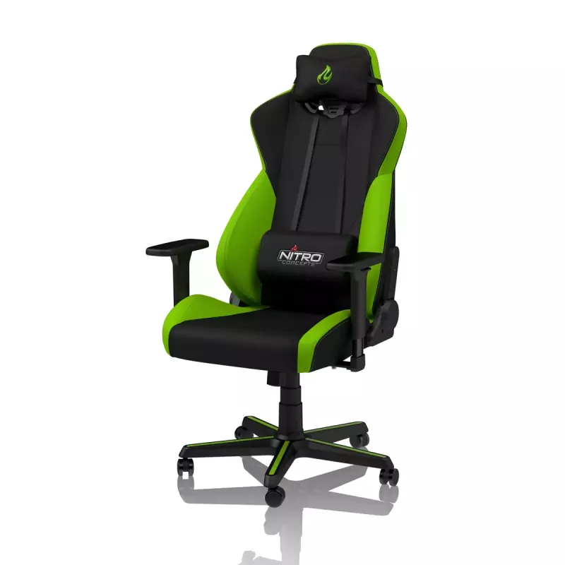Spēļu krēsls Nitro Concepts S300 — auduma sēdeklis, regulējams augstums 128–140 cm, atzveltnes platums 56 cm, melna/zaļa