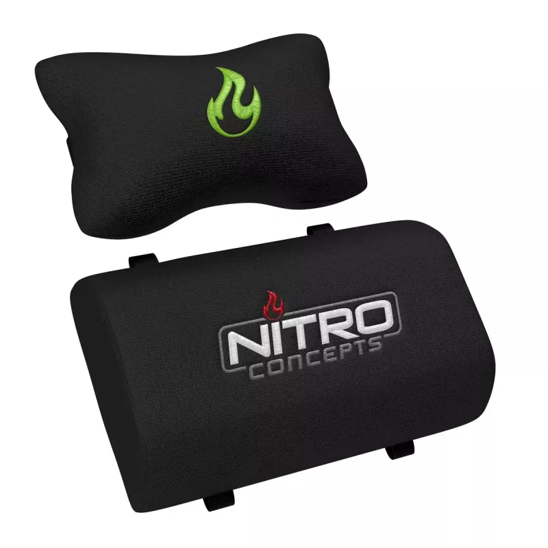 Spēļu krēsls Nitro Concepts S300 — auduma sēdeklis, regulējams augstums 128–140 cm, atzveltnes platums 56 cm, melna/zaļa