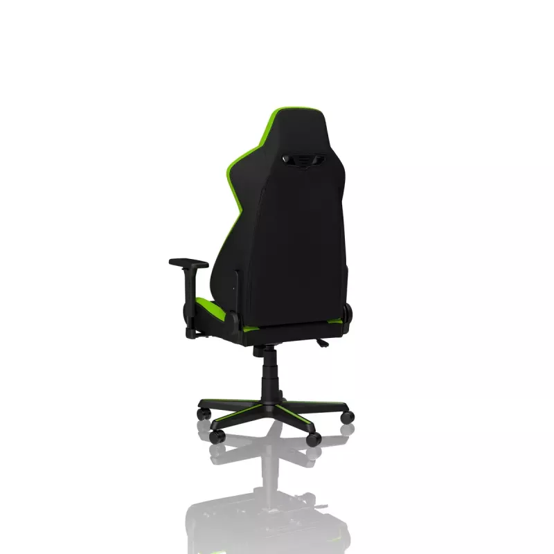 Spēļu krēsls Nitro Concepts S300 — auduma sēdeklis, regulējams augstums 128–140 cm, atzveltnes platums 56 cm, melna/zaļa