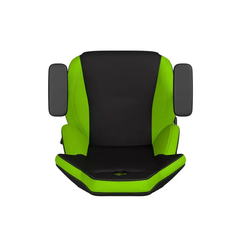 Spēļu krēsls Nitro Concepts S300 — auduma sēdeklis, regulējams augstums 128–140 cm, atzveltnes platums 56 cm, melna/zaļa
