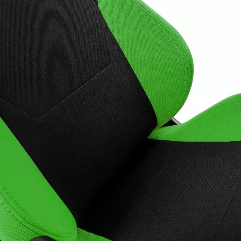 Spēļu krēsls Nitro Concepts S300 — auduma sēdeklis, regulējams augstums 128–140 cm, atzveltnes platums 56 cm, melna/zaļa