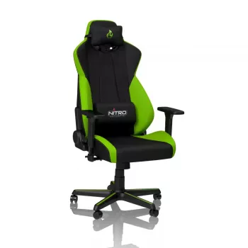 Spēļu krēsls Nitro Concepts S300 — auduma sēdeklis, regulējams augstums 128–140 cm, atzveltnes platums 56 cm, melna/zaļa