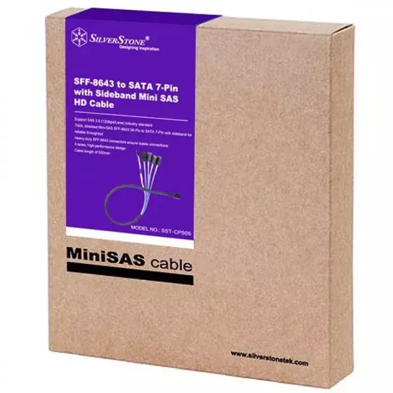 Kabelis Silverstone CPS05 0,5 m Mini-SAS SFF-8643 uz SATA 7-Pin