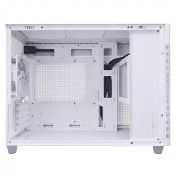 PC korpuss ASUS Prime AP201 MicroATX Mini Tower balts — atbalsta microATX, GPU līdz 338 mm, 3×3,5 collu + 1×2,5 collu diski, USB-A 3.2 Gen1×2, USB-C 3.2 Gen2×1