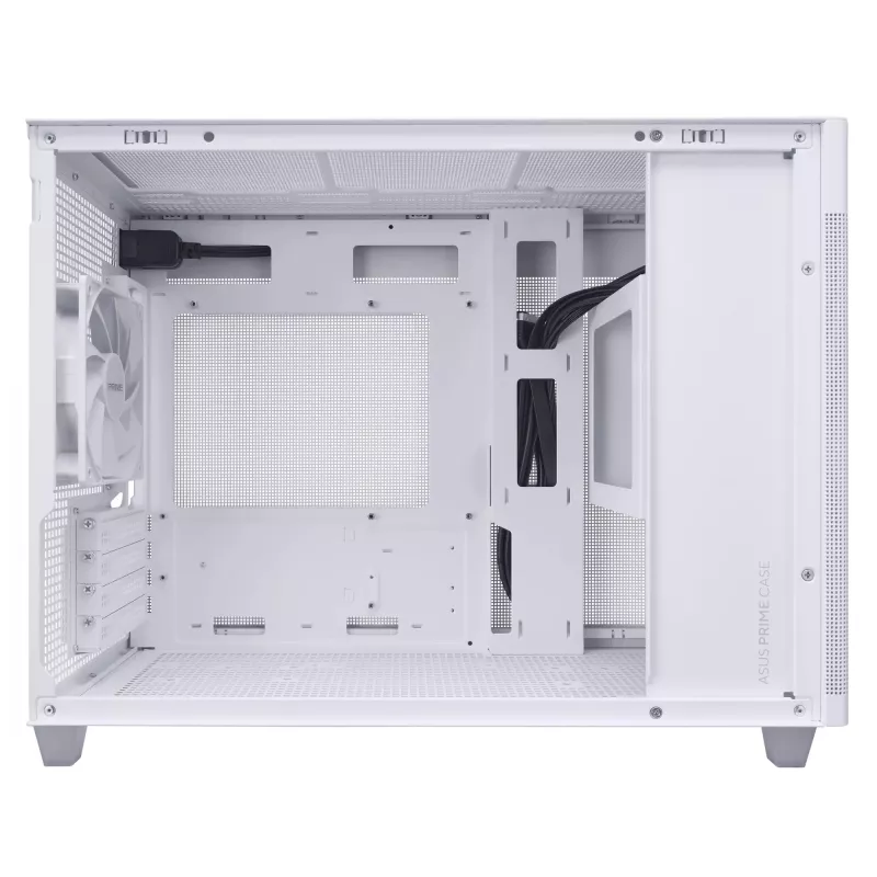 PC korpuss ASUS Prime AP201 MicroATX Mini Tower balts — atbalsta microATX, GPU līdz 338 mm, 3×3,5 collu + 1×2,5 collu diski, USB-A 3.2 Gen1×2, USB-C 3.2 Gen2×1