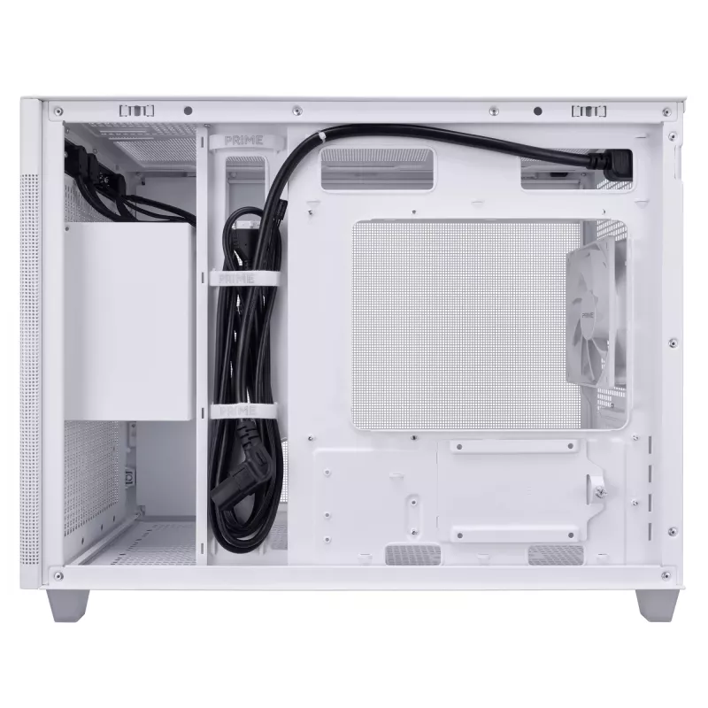 PC korpuss ASUS Prime AP201 MicroATX Mini Tower balts — atbalsta microATX, GPU līdz 338 mm, 3×3,5 collu + 1×2,5 collu diski, USB-A 3.2 Gen1×2, USB-C 3.2 Gen2×1
