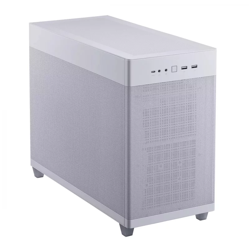 PC korpuss ASUS Prime AP201 MicroATX Mini Tower balts — atbalsta microATX, GPU līdz 338 mm, 3×3,5 collu + 1×2,5 collu diski, USB-A 3.2 Gen1×2, USB-C 3.2 Gen2×1