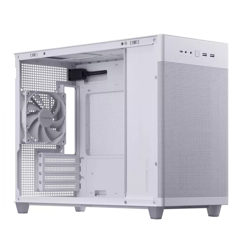 PC korpuss ASUS Prime AP201 MicroATX Mini Tower balts — atbalsta microATX, GPU līdz 338 mm, 3×3,5 collu + 1×2,5 collu diski, USB-A 3.2 Gen1×2, USB-C 3.2 Gen2×1