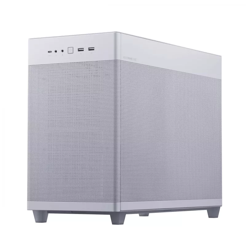 PC korpuss ASUS Prime AP201 MicroATX Mini Tower balts — atbalsta microATX, GPU līdz 338 mm, 3×3,5 collu + 1×2,5 collu diski, USB-A 3.2 Gen1×2, USB-C 3.2 Gen2×1