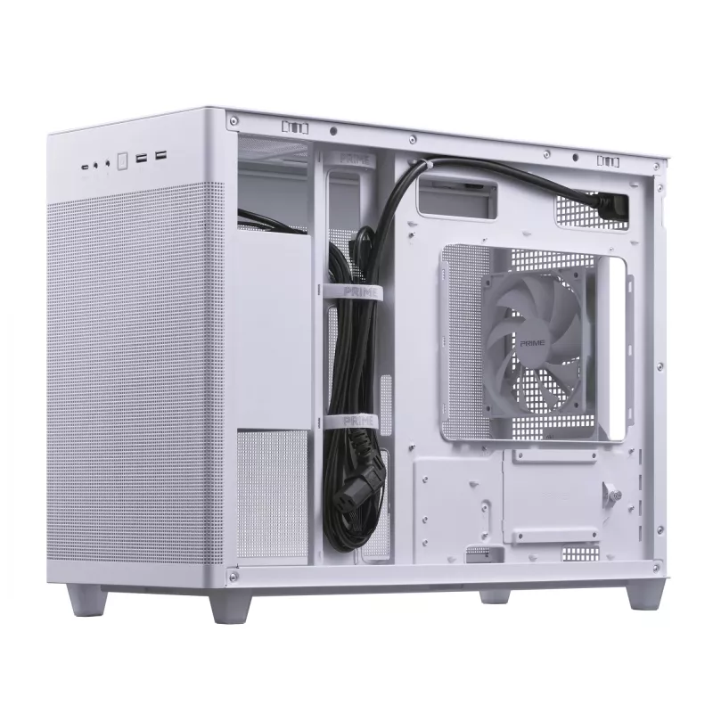 PC korpuss ASUS Prime AP201 MicroATX Mini Tower balts — atbalsta microATX, GPU līdz 338 mm, 3×3,5 collu + 1×2,5 collu diski, USB-A 3.2 Gen1×2, USB-C 3.2 Gen2×1