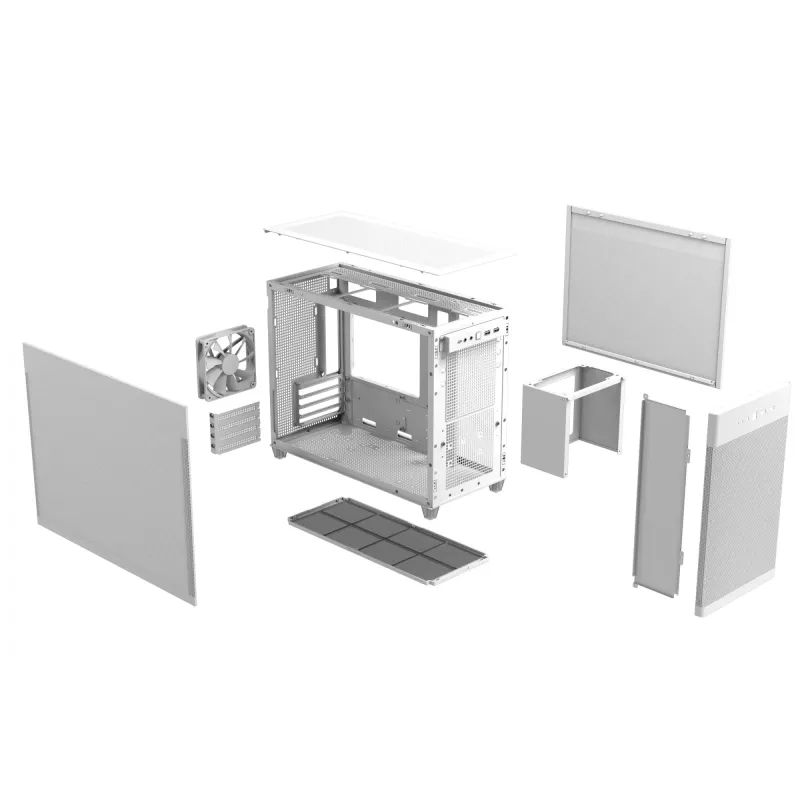 PC korpuss ASUS Prime AP201 MicroATX Mini Tower balts — atbalsta microATX, GPU līdz 338 mm, 3×3,5 collu + 1×2,5 collu diski, USB-A 3.2 Gen1×2, USB-C 3.2 Gen2×1