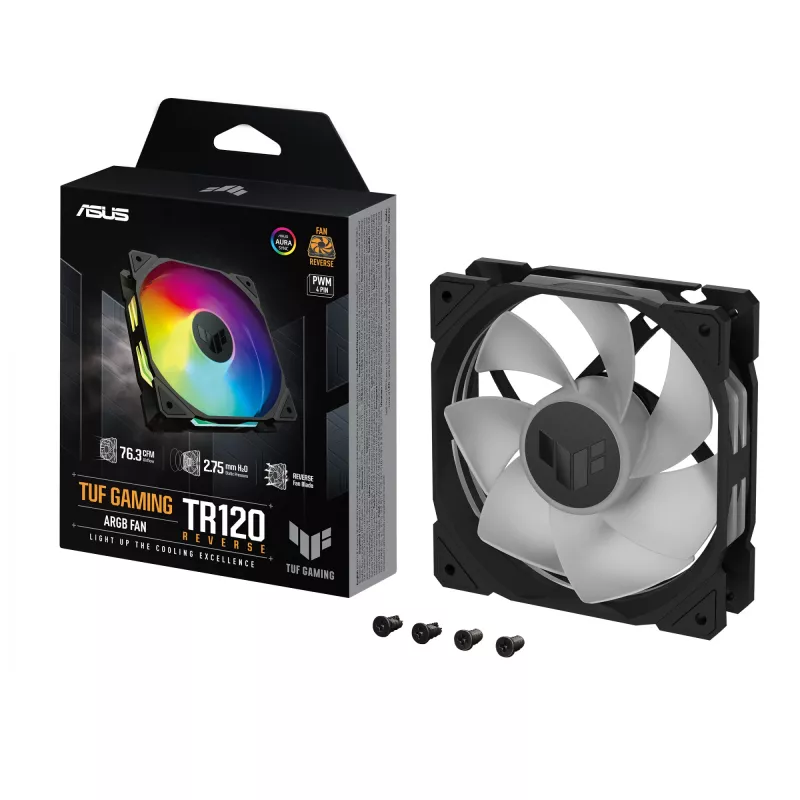 Korpusa ventilators ASUS TUF Gaming TR120 ARGB, 120 mm, PWM, 1800–2200 apgr./min, 76,3 CFM, 2,75 mmH₂O, hidrauliskais gultnis, melns