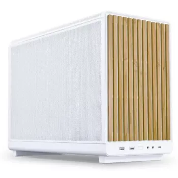 Lian Li A3-mATX mikrotornis balts ar koka akcentiem — Micro-ATX/Mini-ITX, ATX/SFX/SFX-L barošanas bloka atbalsts
