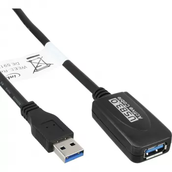 InLine USB3.2 Gen.1 aktīvais atkārtotāja kabelis, tips A vīr. / siev., melns, 5 m