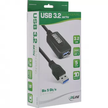 InLine USB3.2 Gen.1 aktīvais atkārtotāja kabelis, tips A vīr. / siev., melns, 5 m
