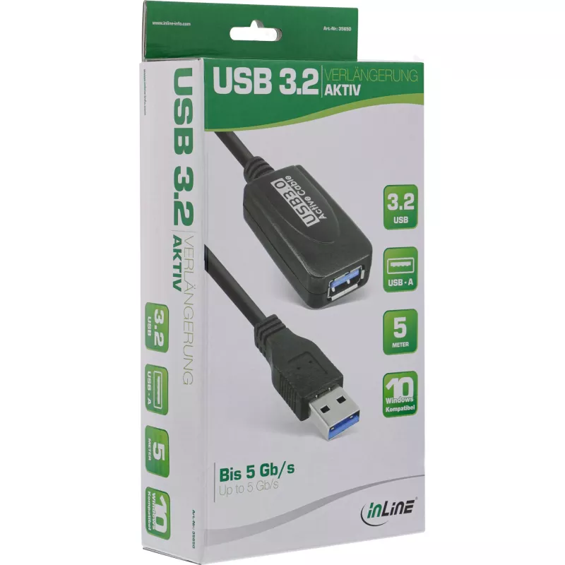 InLine USB3.2 Gen.1 aktīvais atkārtotāja kabelis, tips A vīr. / siev., melns, 5 m
