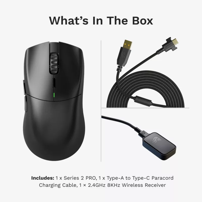 Bezvadu spēļu pele GLORIOUS Series 2 PRO (labās rokas) — 26 000 DPI, RF bezvadu + USB‑C, 4K/8K Hz, 6 pogas, Melna