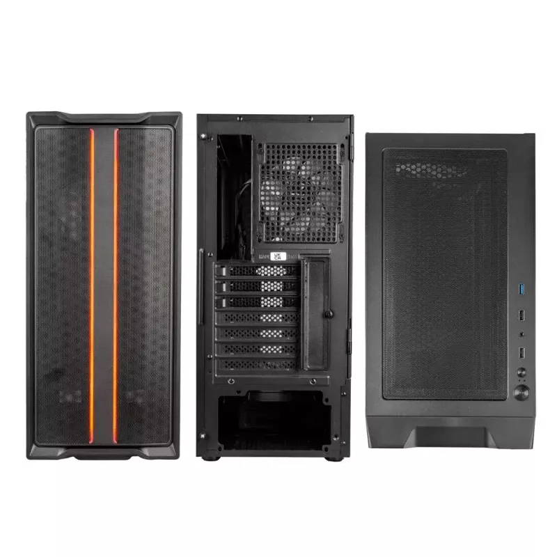 PC korpuss Kolink Inspire K12 ARGB Midi Tower — melns ar caurspīdīgu sānu, atbalsta ATX/Micro ATX/ITX, 2x3,5 collu + 2x2,5 collu nodalījumi