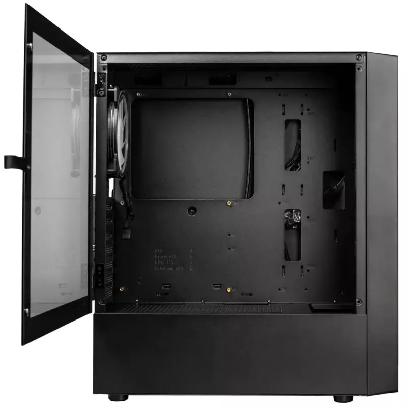 PC korpuss Kolink Inspire K12 ARGB Midi Tower — melns ar caurspīdīgu sānu, atbalsta ATX/Micro ATX/ITX, 2x3,5 collu + 2x2,5 collu nodalījumi