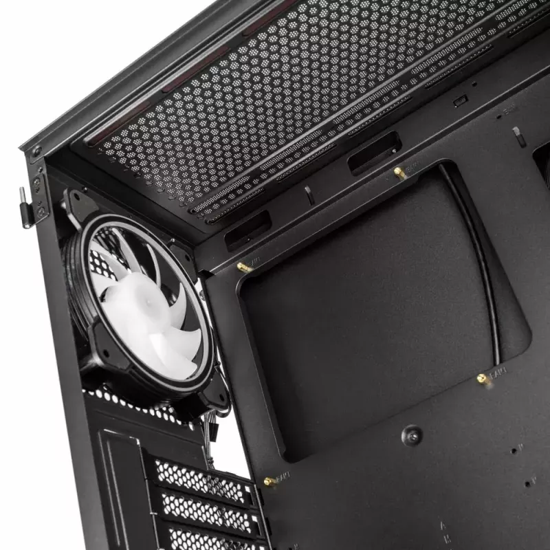 PC korpuss Kolink Inspire K12 ARGB Midi Tower — melns ar caurspīdīgu sānu, atbalsta ATX/Micro ATX/ITX, 2x3,5 collu + 2x2,5 collu nodalījumi