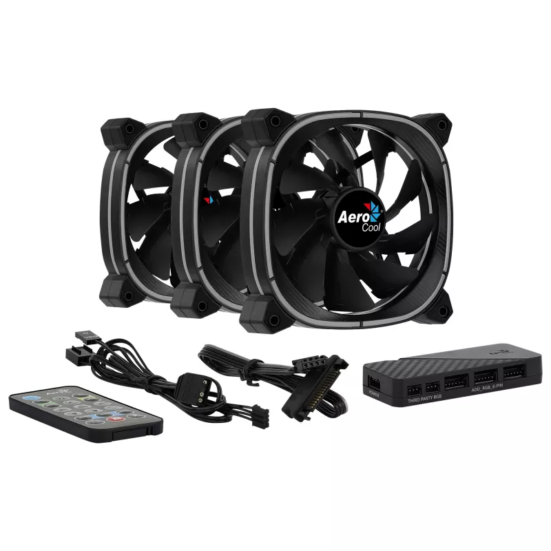 Aerocool ASTRO12PRO komplekts 3 ventilatori PC 12cm LED RGB pretvibrācijas tālvadība