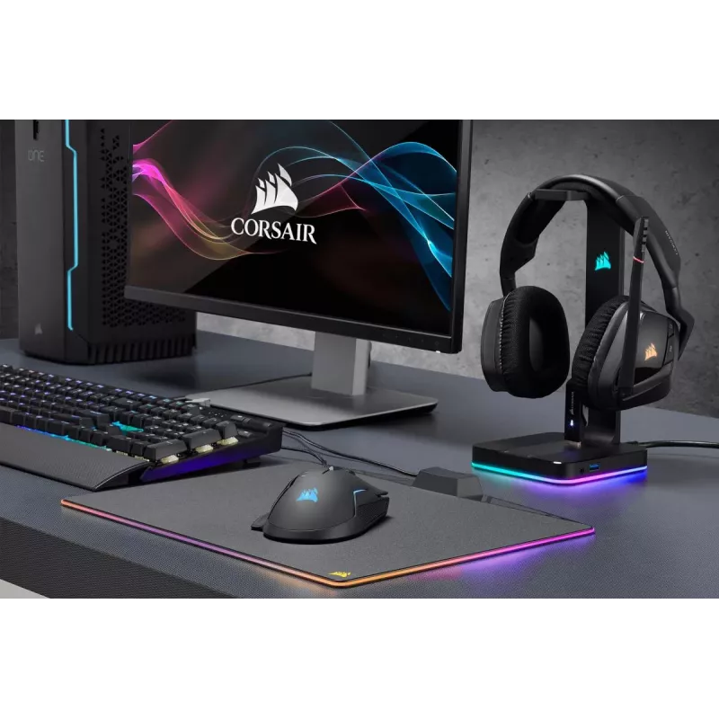 CORSAIR austiņu statīvs - St100 RGB Premium - ar statīvu 7.1 telpiskā skaņa - pielāgojams RGB apgaismojums