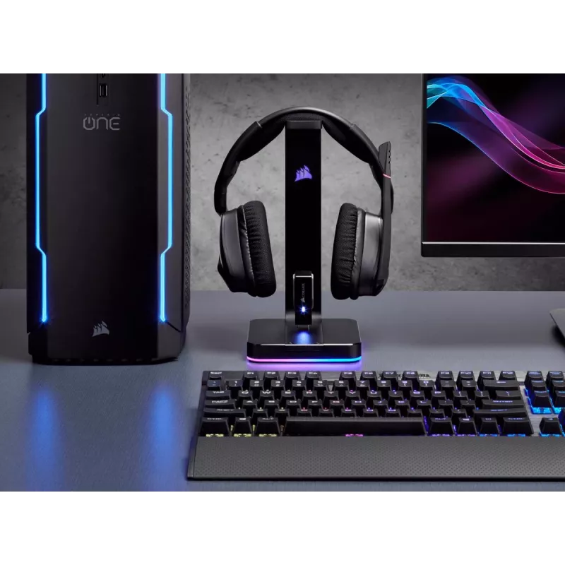 CORSAIR austiņu statīvs - St100 RGB Premium - ar statīvu 7.1 telpiskā skaņa - pielāgojams RGB apgaismojums