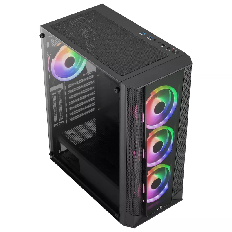 Aerocool PRISMBKV3 PC korpuss ATX melns 4 ventilatori ARGB priekšā sānos sānos rūdīta stikla