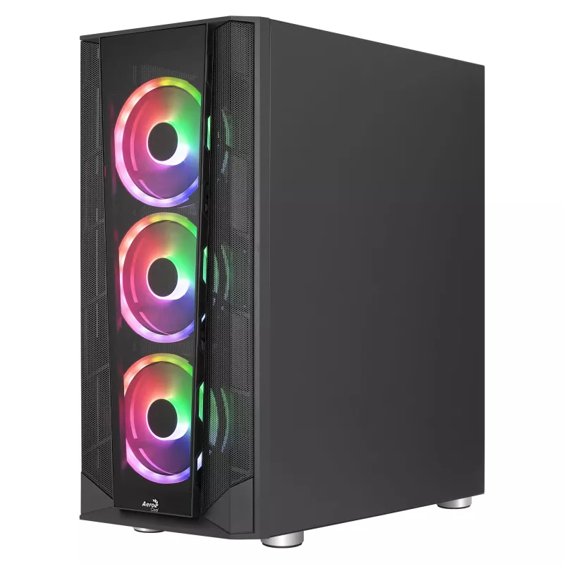 Aerocool PRISMBKV3 PC korpuss ATX melns 4 ventilatori ARGB priekšā sānos sānos rūdīta stikla