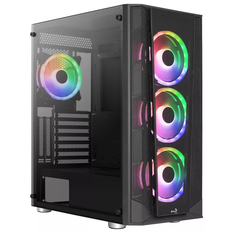 Aerocool PRISMBKV3 PC korpuss ATX melns 4 ventilatori ARGB priekšā sānos sānos rūdīta stikla