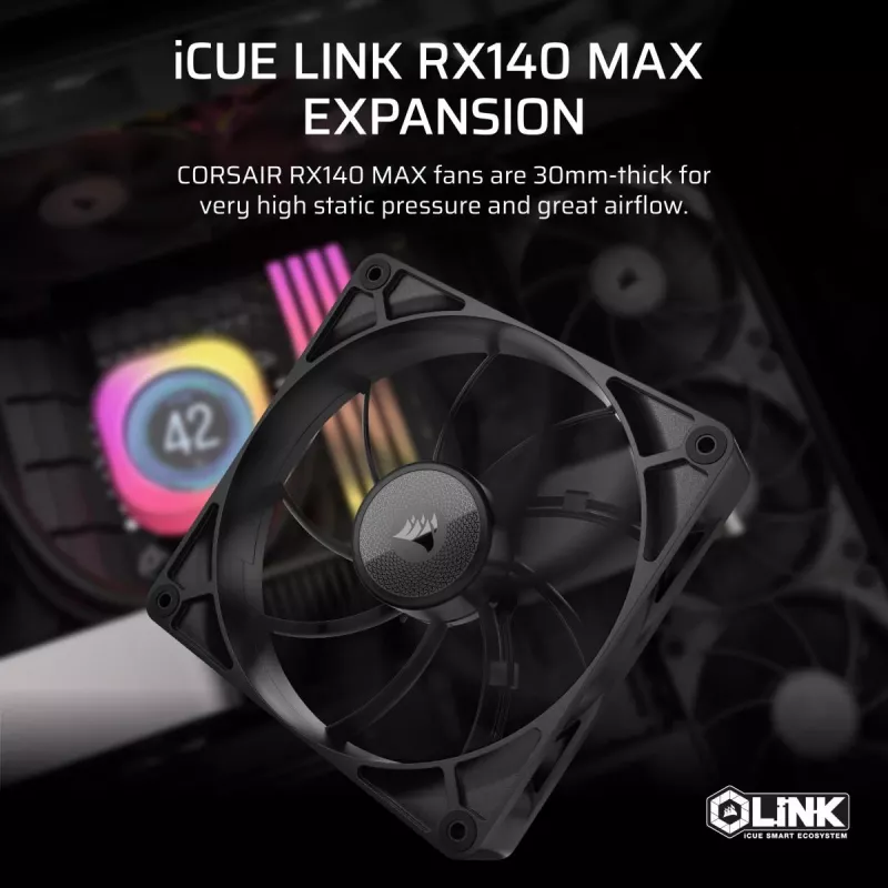 CORSAIR Icue Link Rx140 Max 140mm Pwm Biezais Ventilatora Papildinājums