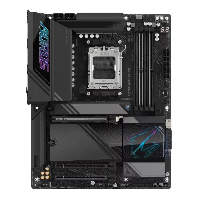 GIGABYTE X870E AORUS PRO mātesplate - atbalsta AMD Ryzen 9000 procesorus, 16+2+2 fāžu digitālais VRM, līdz 8000MHz DDR5 (OC), 3xPCIe 5.0 + 1xPCIe 4.0, Wi-Fi 7, 2.5GbE LAN, USB 4