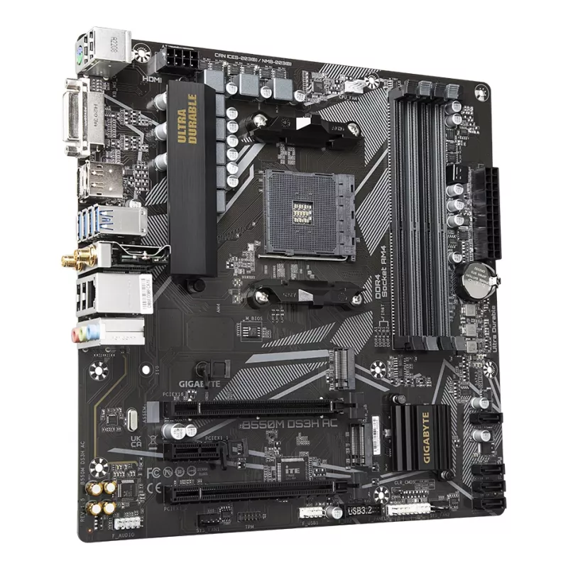 Mātesplate GIGABYTE B550M DS3H AC — AMD Ryzen 5000 CPU, 5+3 fāžu VRM, līdz 4733MHz DDR4, 1xPCIe 4.0 + 1xPCIe 3.0 M.2, Wi-Fi 5, 1GbE LAN, USB 3.2 Gen 1
