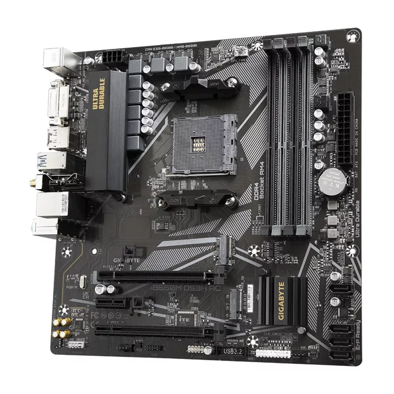 Mātesplate GIGABYTE B550M DS3H AC — AMD Ryzen 5000 CPU, 5+3 fāžu VRM, līdz 4733MHz DDR4, 1xPCIe 4.0 + 1xPCIe 3.0 M.2, Wi-Fi 5, 1GbE LAN, USB 3.2 Gen 1