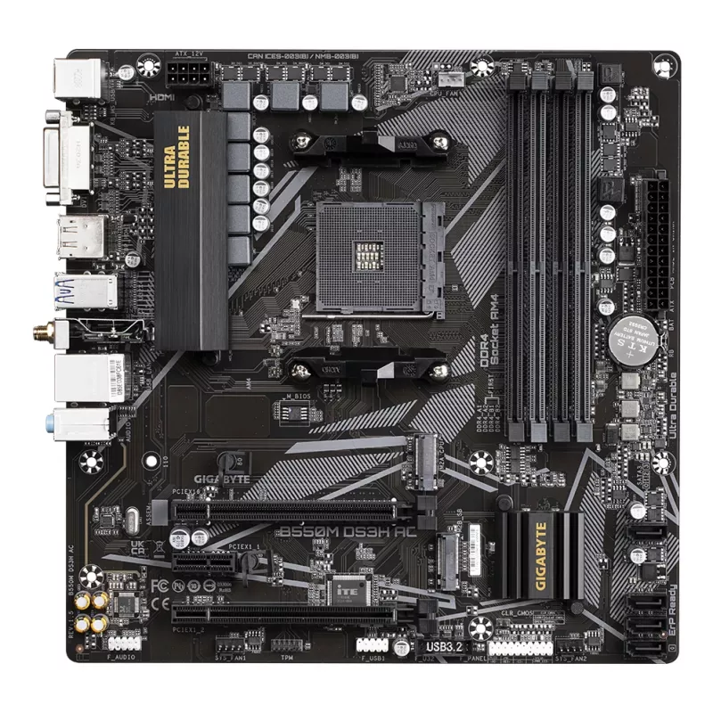 Mātesplate GIGABYTE B550M DS3H AC — AMD Ryzen 5000 CPU, 5+3 fāžu VRM, līdz 4733MHz DDR4, 1xPCIe 4.0 + 1xPCIe 3.0 M.2, Wi-Fi 5, 1GbE LAN, USB 3.2 Gen 1