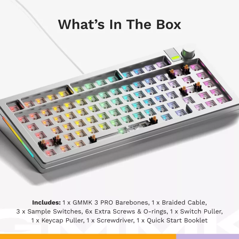 Glorious Gaming GMMK 3 PRO 75% Barebones Wired Silver - US, 75%, Vadu, USB, RGB LED, Sudraba