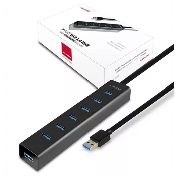 Axagon HUE-SA7BP 7x USB 3.0 ALU CHARGING centrmezgls MELNS ar maiņstrāvas adapteri