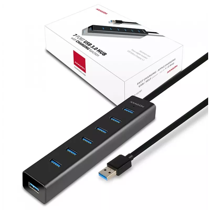 Axagon HUE-SA7BP 7x USB 3.0 ALU CHARGING centrmezgls MELNS ar maiņstrāvas adapteri