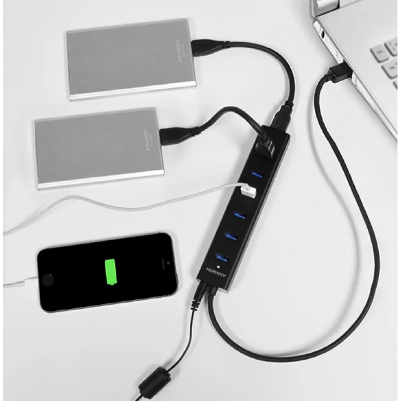 Axagon HUE-SA7BP 7x USB 3.0 ALU CHARGING centrmezgls MELNS ar maiņstrāvas adapteri