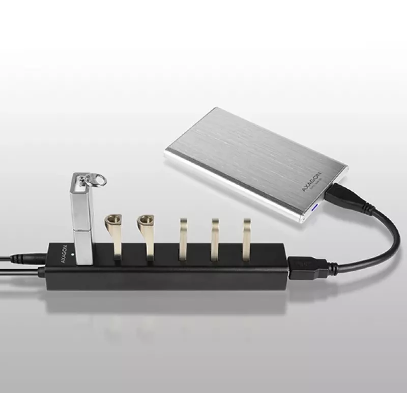 Axagon HUE-SA7BP 7x USB 3.0 ALU CHARGING centrmezgls MELNS ar maiņstrāvas adapteri