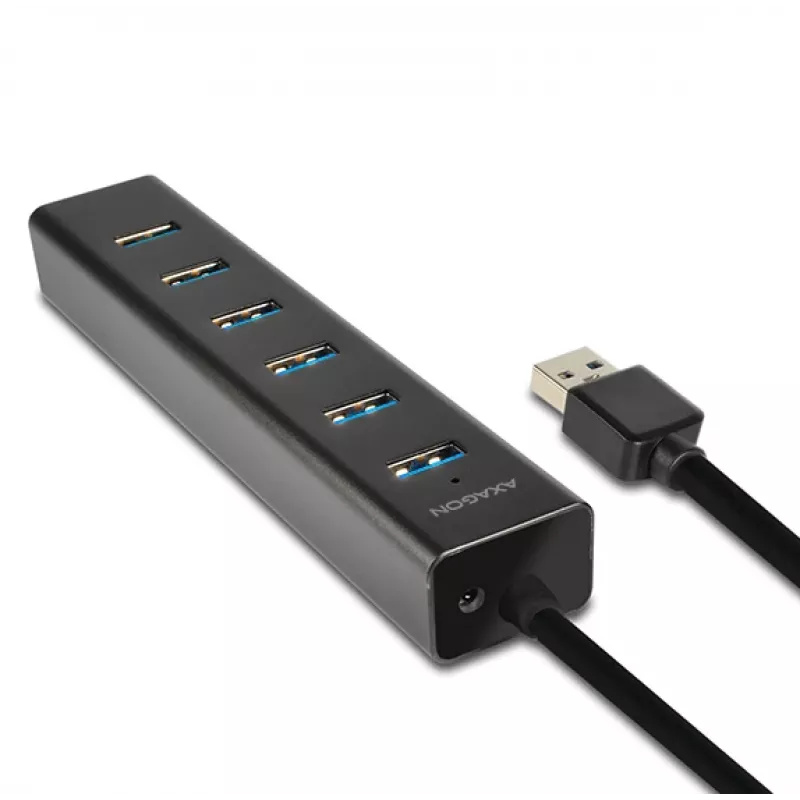 Axagon HUE-SA7BP 7x USB 3.0 ALU CHARGING centrmezgls MELNS ar maiņstrāvas adapteri