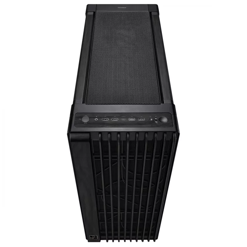 PC korpuss ASUS ProArt PA602 Wood Edition Midi Tower melns — EATX atbalsts, 45 cm GPU, 19 cm PSU/dzesētājs, 8 HDD nodalījumi, USB-C
