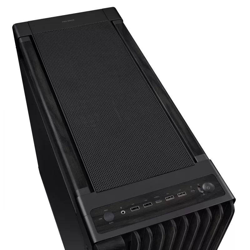 PC korpuss ASUS ProArt PA602 Wood Edition Midi Tower melns — EATX atbalsts, 45 cm GPU, 19 cm PSU/dzesētājs, 8 HDD nodalījumi, USB-C