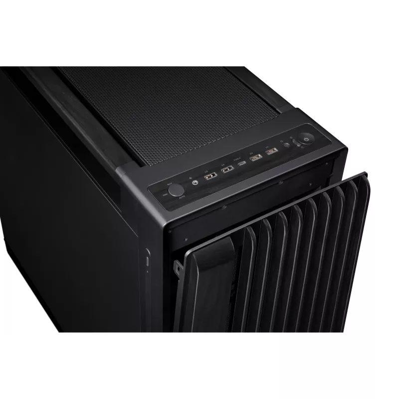 PC korpuss ASUS ProArt PA602 Wood Edition Midi Tower melns — EATX atbalsts, 45 cm GPU, 19 cm PSU/dzesētājs, 8 HDD nodalījumi, USB-C