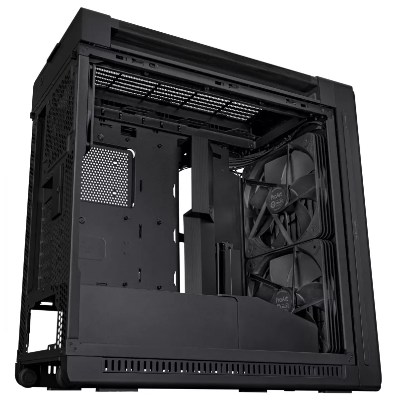 PC korpuss ASUS ProArt PA602 Wood Edition Midi Tower melns — EATX atbalsts, 45 cm GPU, 19 cm PSU/dzesētājs, 8 HDD nodalījumi, USB-C