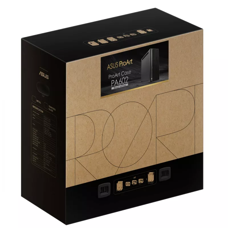 PC korpuss ASUS ProArt PA602 Wood Edition Midi Tower melns — EATX atbalsts, 45 cm GPU, 19 cm PSU/dzesētājs, 8 HDD nodalījumi, USB-C